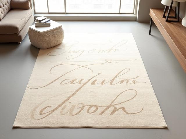 Luksuriøst, håndvevd teppe med minimalistisk kalligrafisk mønster på et tregulv.